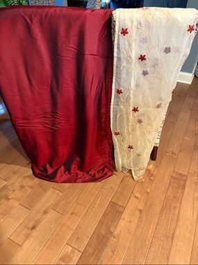 Red Satin curtains (2 panels) 80 inches long 54 inches wide white lining.